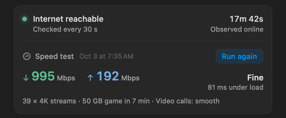 The same internet status and speed test in dark mode.