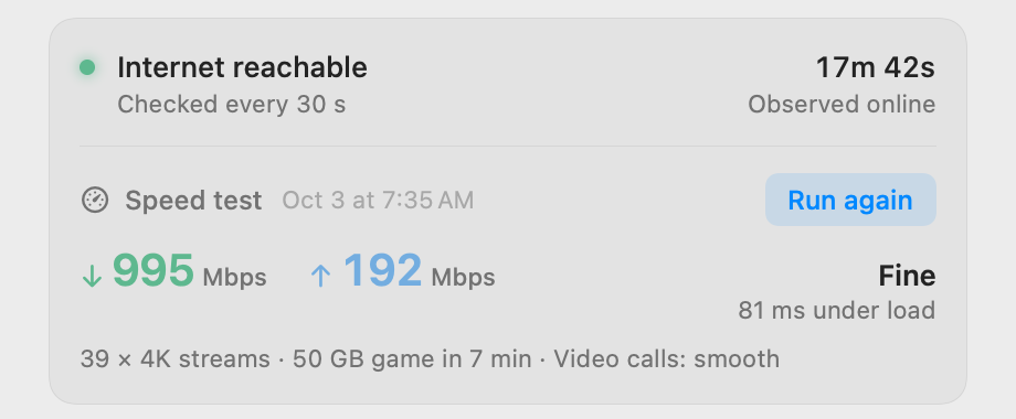 Internet reachable, checked every 30 seconds. Speed test: 995 Mbps down, 192 Mbps up, Fine, 81 ms under load, 39 4K streams, a 50 GB game in 7 minutes, video calls smooth.