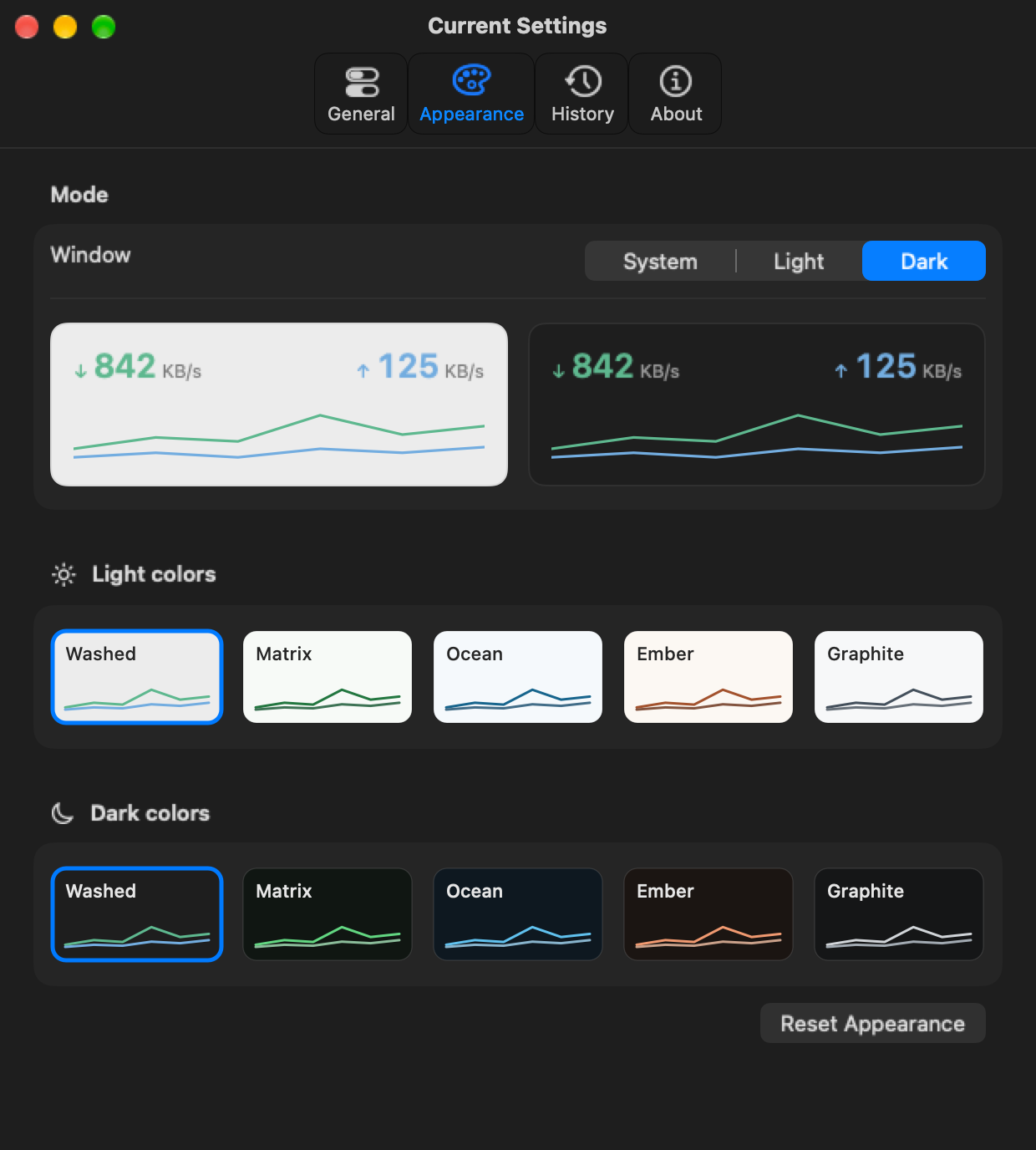 The same Appearance settings in dark mode.