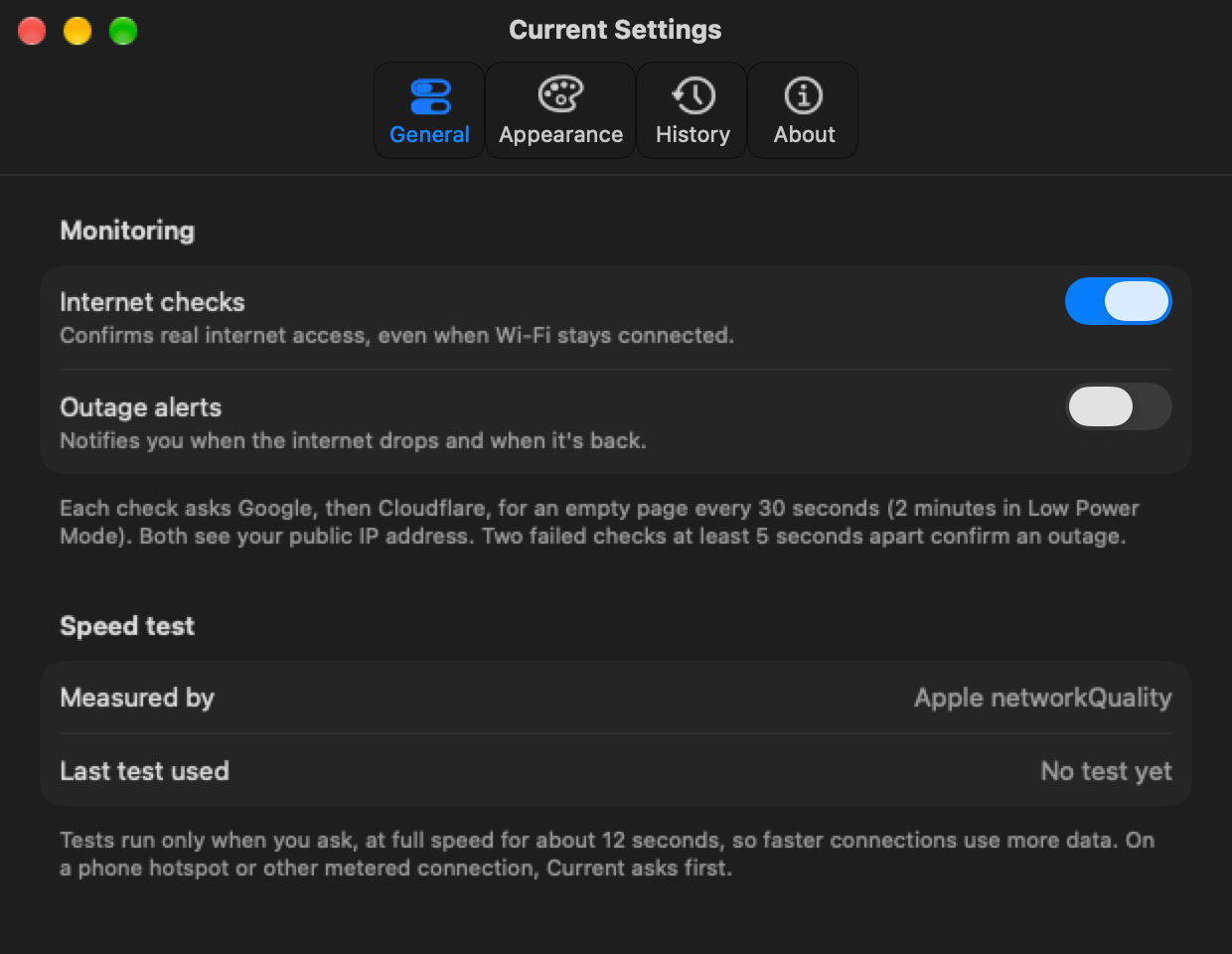 The same General settings in dark mode.