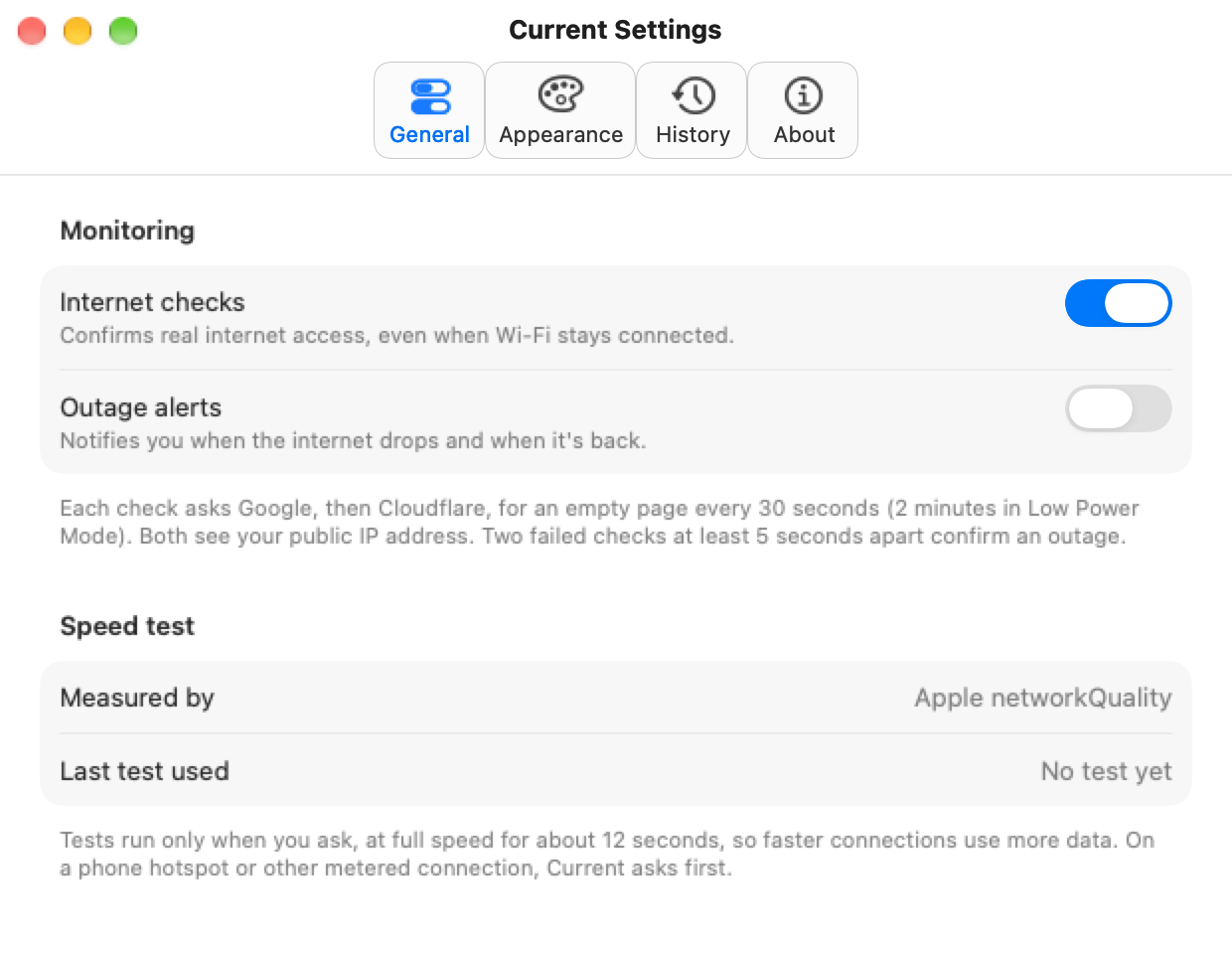 Current Settings, General: internet checks and outage alerts switches, and the speed test's data use.