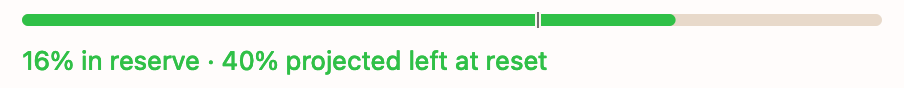 A capacity bar with a pace marker part way along it, above the line: 16% in reserve, 40% projected left at reset.