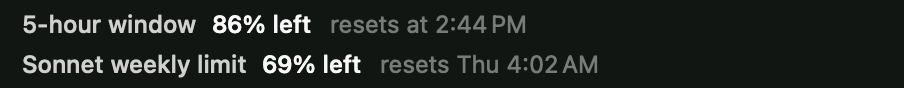Two rows from the Reserve dashboard: 5-hour window, 86% left, resets at 2:44 PM; Sonnet weekly limit, 69% left, resets Thu 4:02 AM.