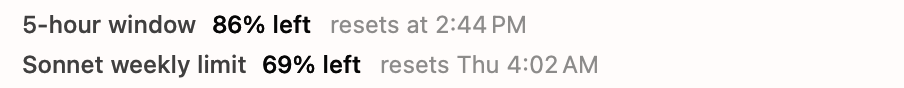 Two rows from the Reserve dashboard: 5-hour window, 86% left, resets at 2:44 PM; Sonnet weekly limit, 69% left, resets Thu 4:02 AM.